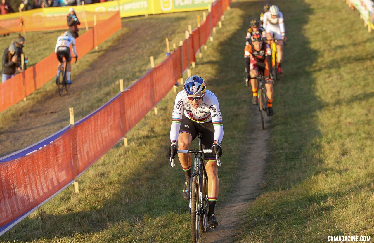 Van der Poel rides away from a chasing Van Aert. 2018 Tabor UCI Cyclocross World Cup, Elite Men. © Bart Hazen / Cyclocross Magazine