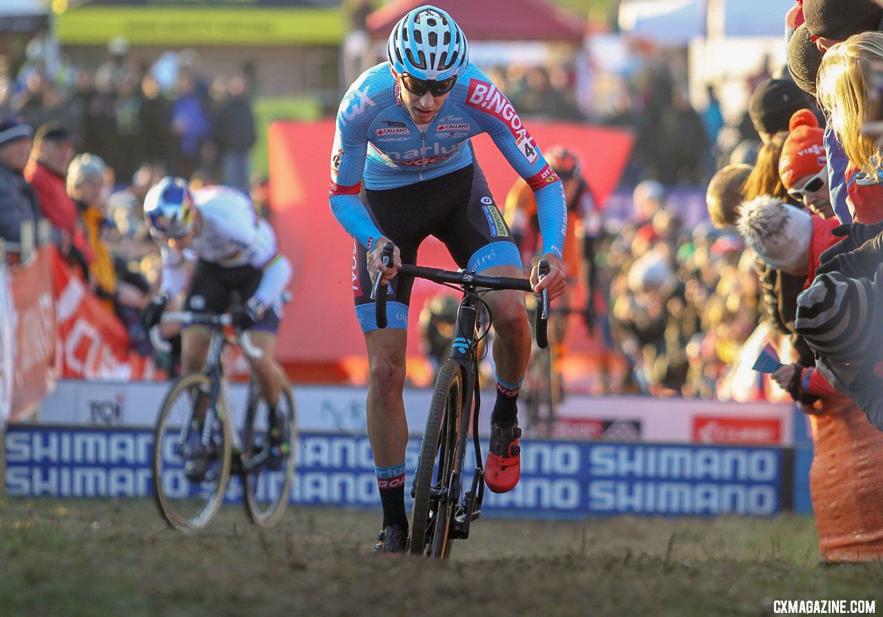 Vanthourenhout hopped away from Van der Haar for second. 2018 Tabor UCI Cyclocross World Cup, Elite Men. © Bart Hazen / Cyclocross Magazine