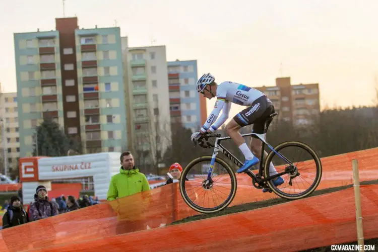 The famous Tabor skyline, and equally-famous World Cup winner. 2018 Tabor UCI Cyclocross World Cup, Elite Men. © Bart Hazen / Cyclocross Magazine