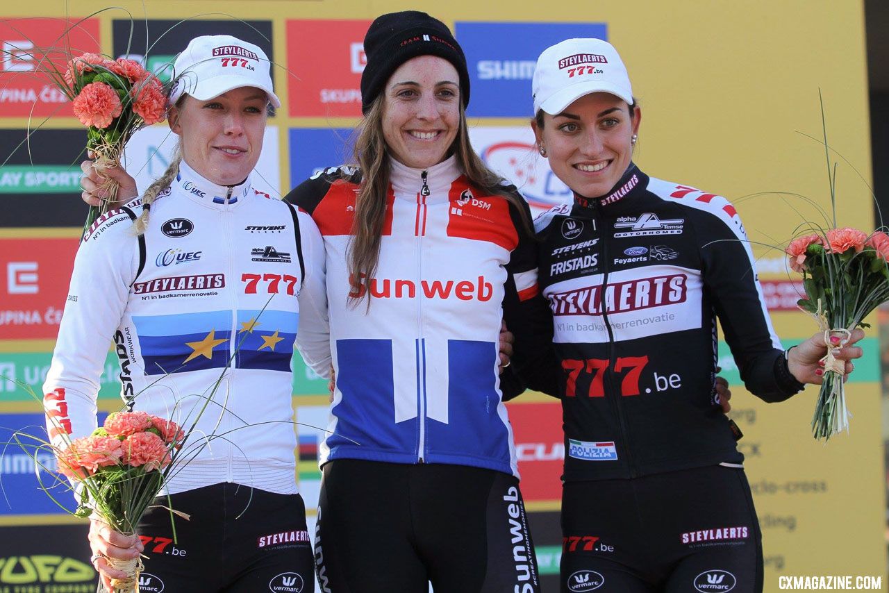 Worst, Brand and Arzuffi. 2018 Tabor UCI Cyclocross World Cup, Elite Women. © Bart Hazen / Cyclocross Magazine
