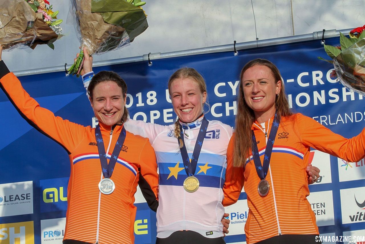 Betsema joined Annemarie Worst and Marianne Vos on an all-Dutch European Championship podium. 2018 European Cyclocross Championships, Rosmalen, Netherlands. © B. Hazen / Cyclocross Magazine