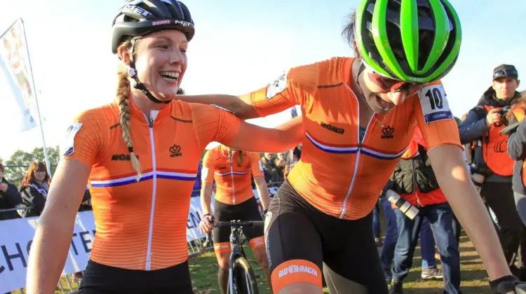 Annemarie Worst and Marianne Vos celebrate their 1-2 finish. 2018 European Cyclocross Championships, Rosmalen, Netherlands. © B. Hazen / Cyclocross Magazine