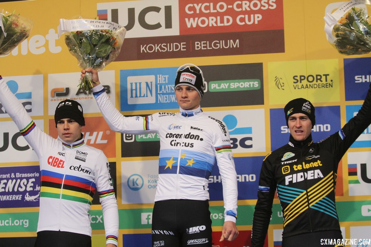 Men's podium: Mathieu van der Poel, Wout van Aert and Toon Aerts. 2018 World Cup Koksijde. © B. Hazen / Cyclocross Magazine