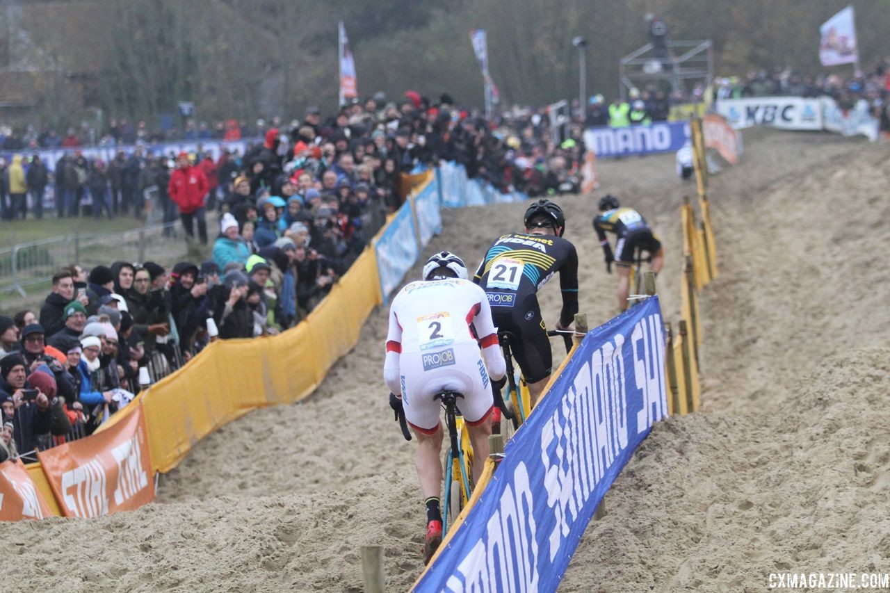 The Telenet Fidea Lions were quickly chasing Van der Poel. 2018 World Cup Koksijde. © B. Hazen / Cyclocross Magazine