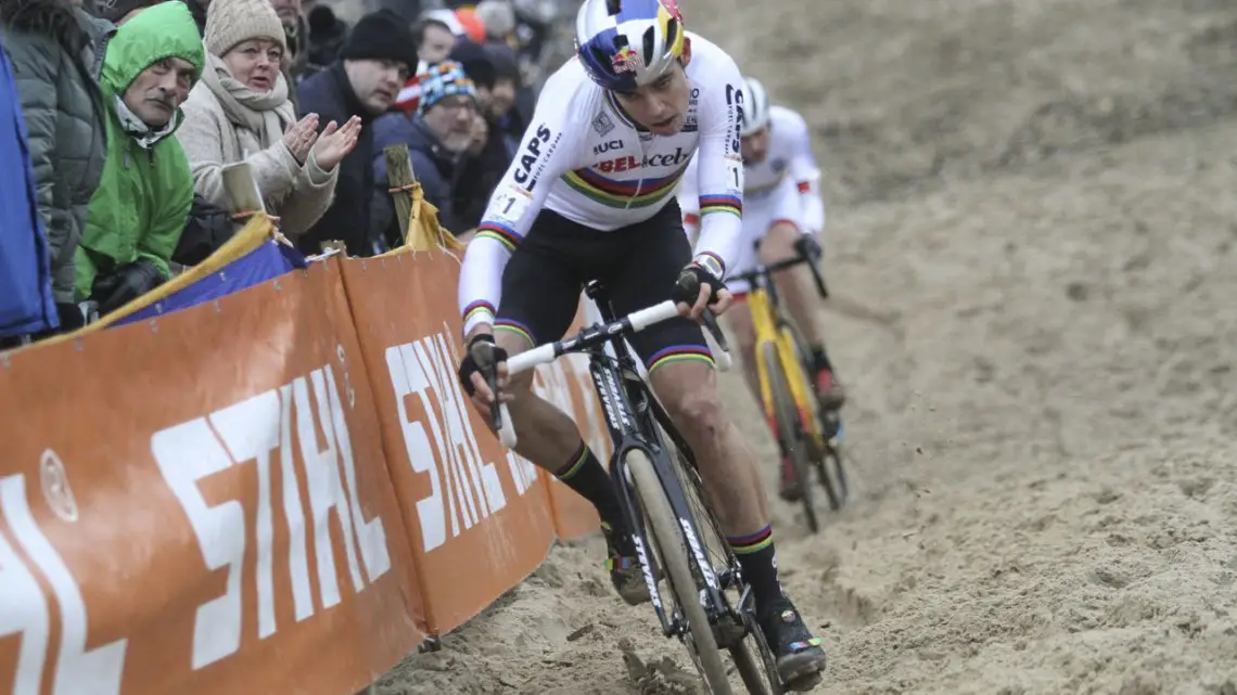 Van Aert recovered and passed Aerts to take over second. 2018 World Cup Koksijde. © B. Hazen / Cyclocross Magazine