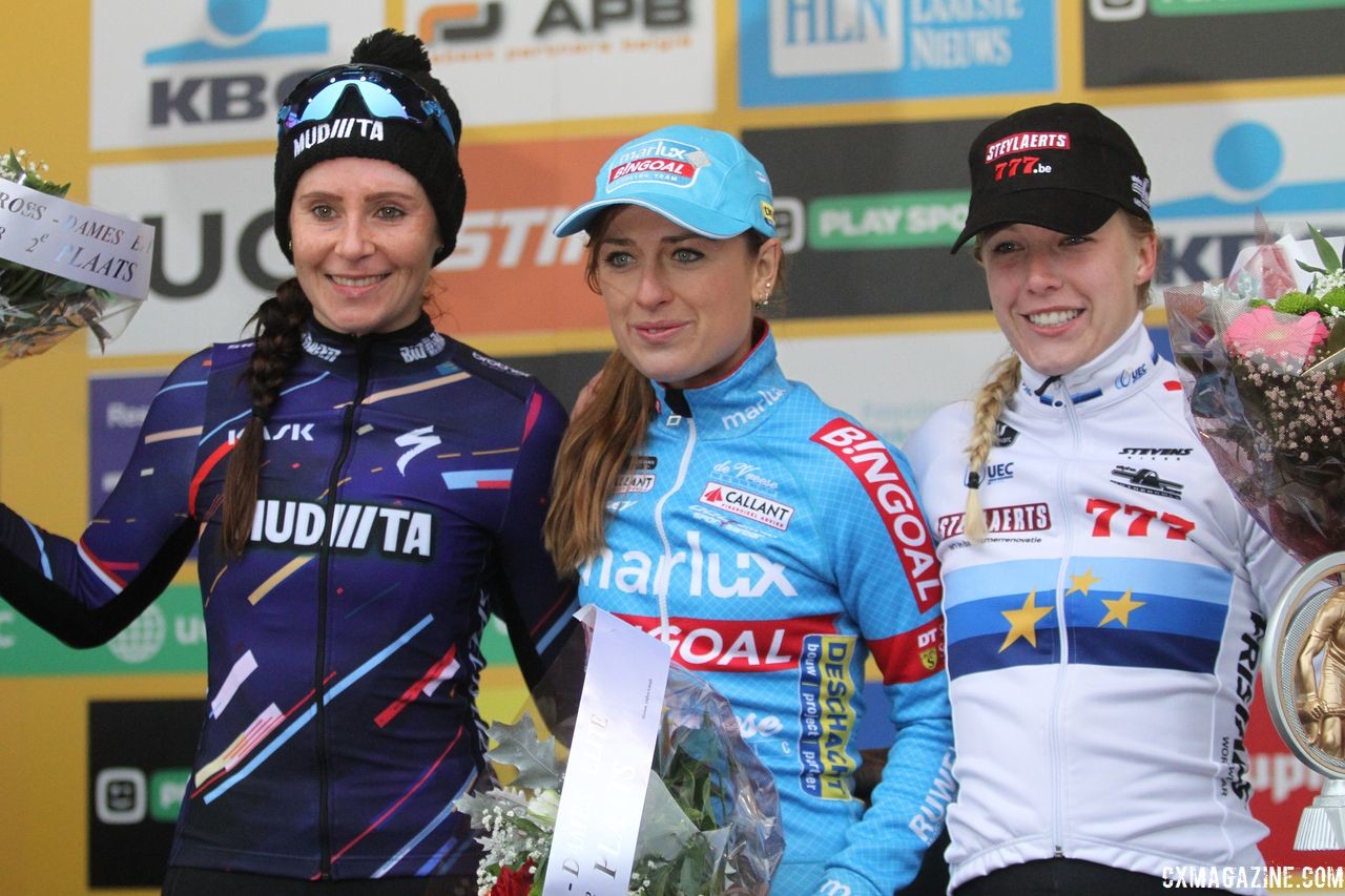 Women's Podium: Denise Betsema, Nikki Brammeier and Annemarie Worst. 2018 World Cup Koksijde. © B. Hazen / Cyclocross Magazine