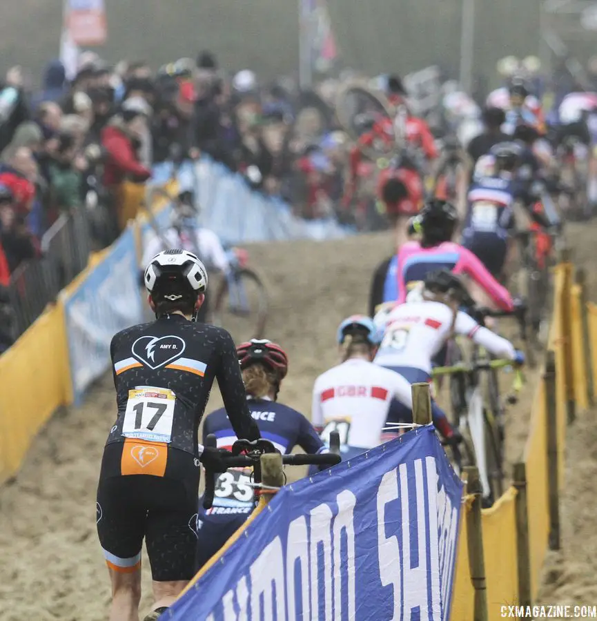 Corey Coogan Cisek hops on the running train. 2018 World Cup Koksijde. © B. Hazen / Cyclocross Magazine