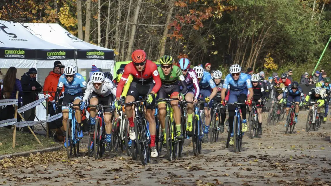 Cody Kaiser leads the way through the holeshot. 2018 Pan-American Cyclocross Championships, Midland, Ontario. © Z. Schuster / Cyclocross Magazine