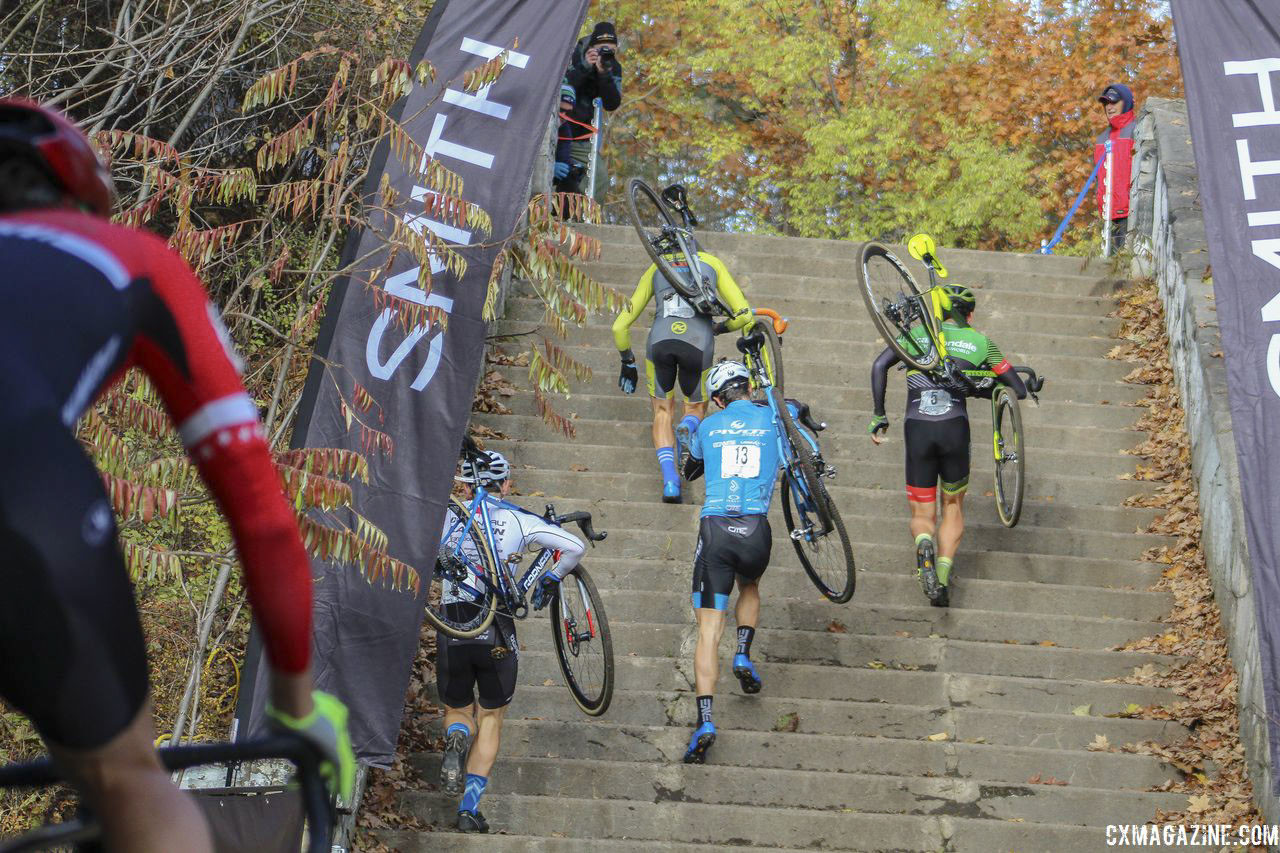 Race leaders head up the stairs as others chase. 2018 Pan-American Cyclocross Championships, Midland, Ontario. © Z. Schuster / Cyclocross Magazine