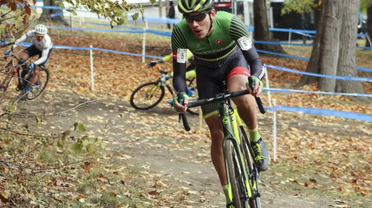 Curtis White made his move after Hyde crashed at the stairs. 2018 Pan-American Cyclocross Championships, Midland, Ontario. © Z. Schuster / Cyclocross Magazine