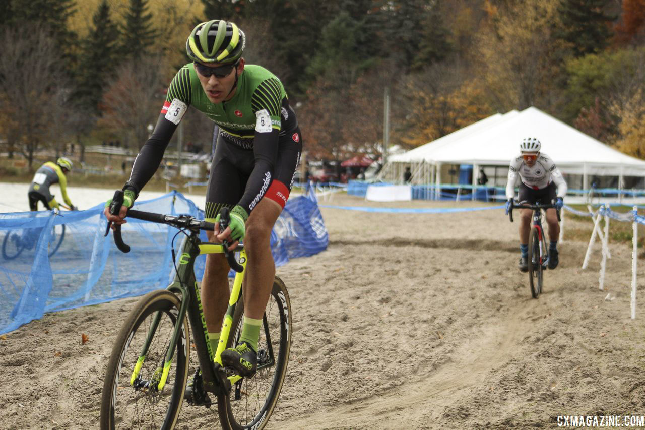 Van den Ham used a valiant Lap 7 effort to catch White with one to go. 2018 Pan-American Cyclocross Championships, Midland, Ontario. © Z. Schuster / Cyclocross Magazine