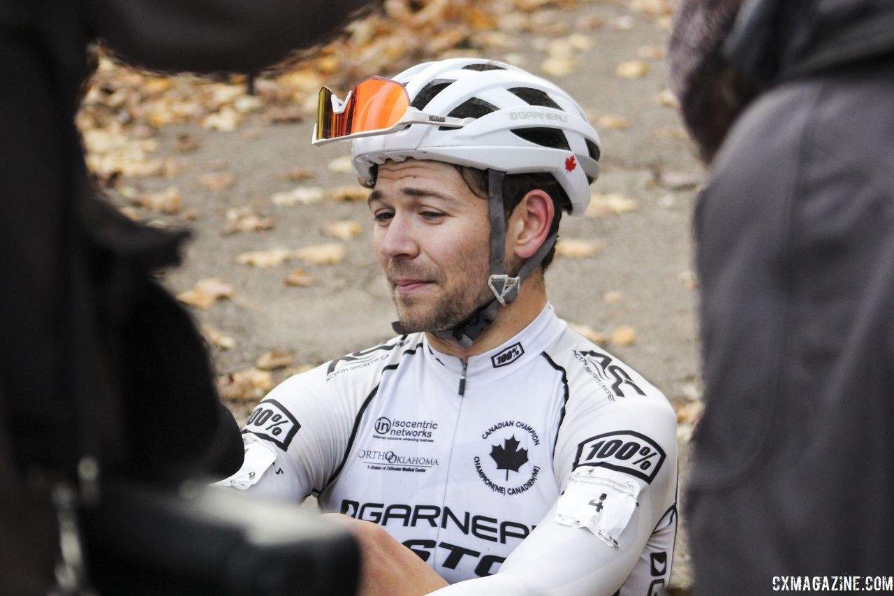 The close loss was a tough one for Van den Ham as he talks to Canadian reporters. 2018 Pan-American Cyclocross Championships, Midland, Ontario. © Z. Schuster / Cyclocross Magazine