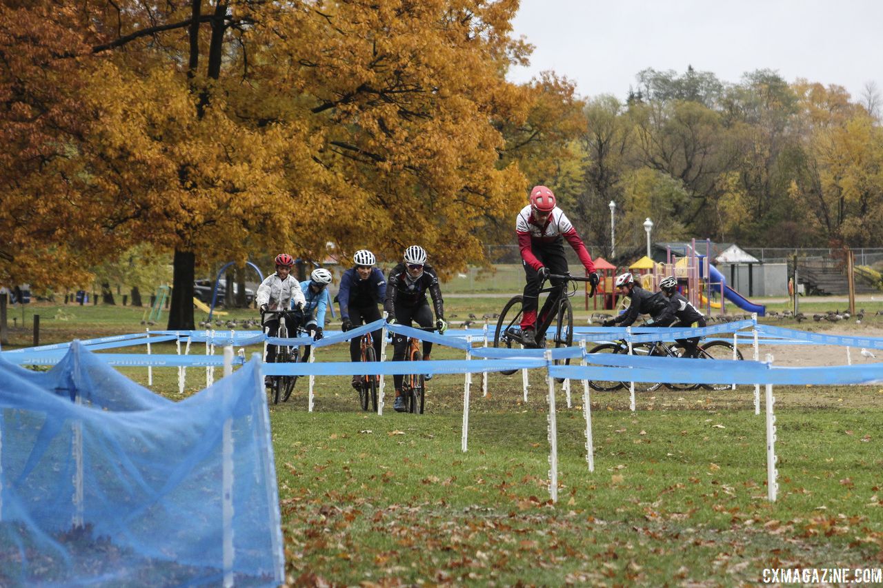 It never hurts to get a little sendy during pre-ride. 2018 Silver Goose CX Course Inspection, Friday. © Z. Schuster / Cyclocross Magazine
