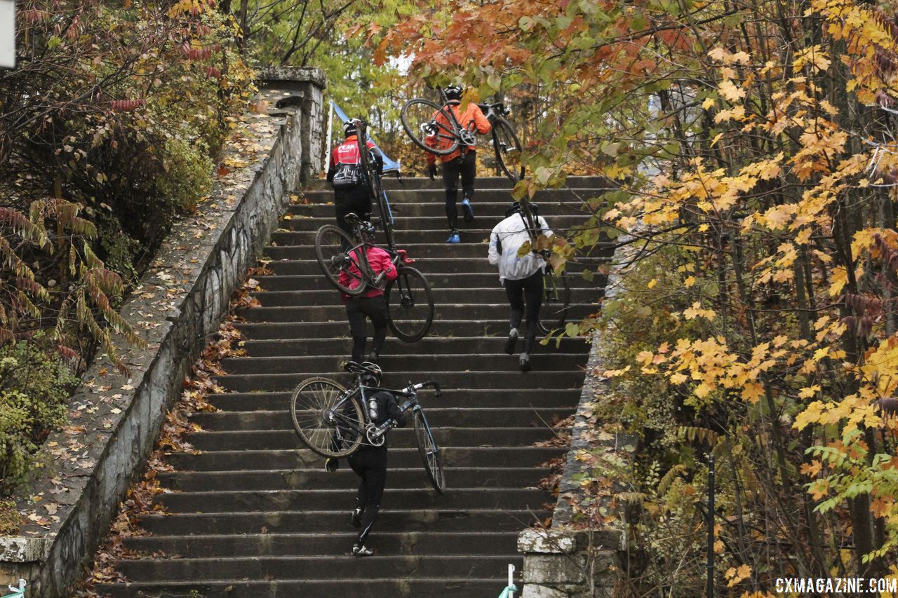 The middle part of the course features two sets of stairs. 2018 Silver Goose CX Course Inspection, Friday. © Z. Schuster / Cyclocross Magazine