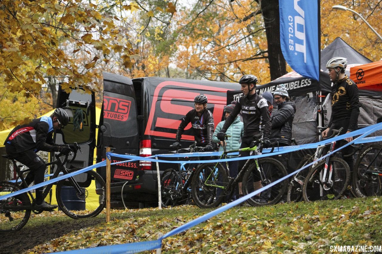 Every course seems to have the section that draws a crowd during pre-ride. 2018 Silver Goose CX Course Inspection, Friday. © Z. Schuster / Cyclocross Magazine