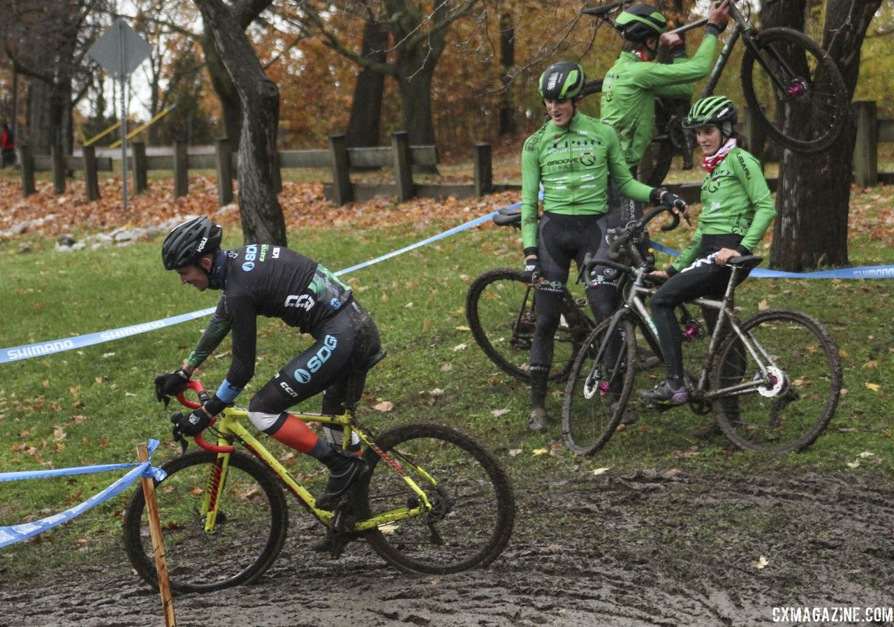 The Alpha Bicycle - Groove Subaru team gathered to watch riders tackle the mud pit. 2018 Silver Goose CX Course Inspection, Friday. © Z. Schuster / Cyclocross Magazine