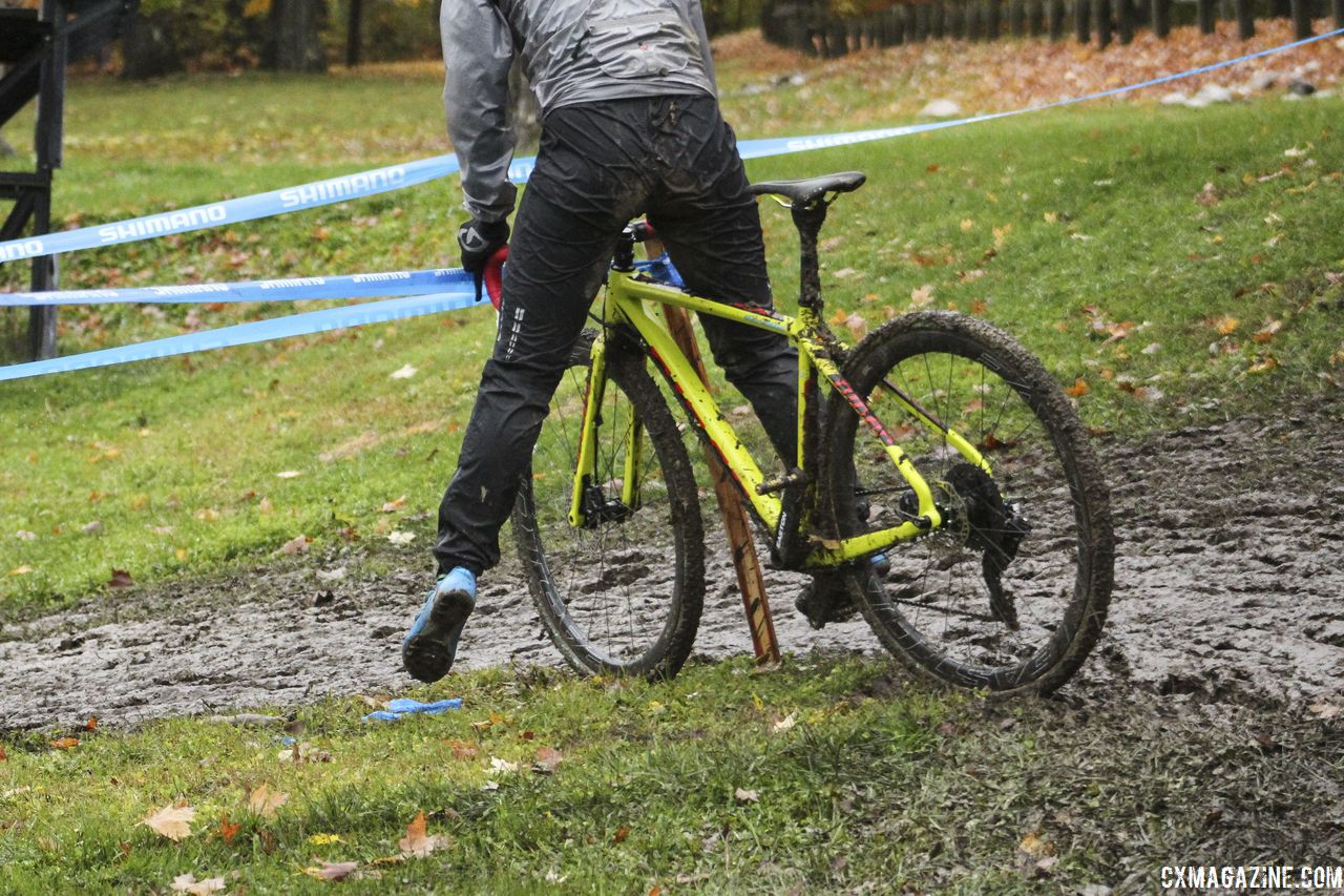 This unnamed rider had a run-in with the course stake after taking the inside line. 2018 Silver Goose CX Course Inspection, Friday. © Z. Schuster / Cyclocross Magazine