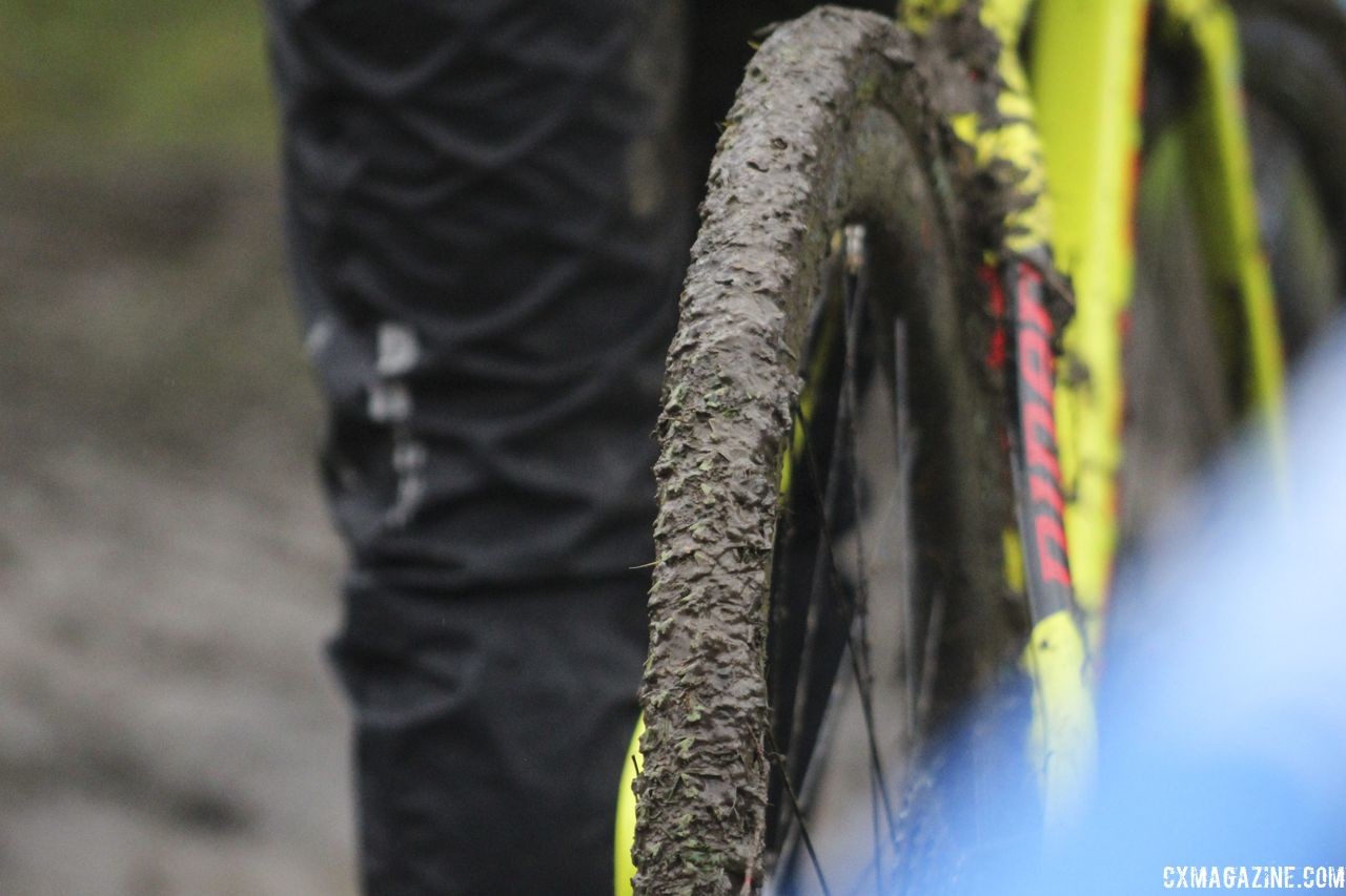 Amanda Nauman's tires show the mud that accumulated. 2018 Silver Goose CX Course Inspection, Friday. © Z. Schuster / Cyclocross Magazine