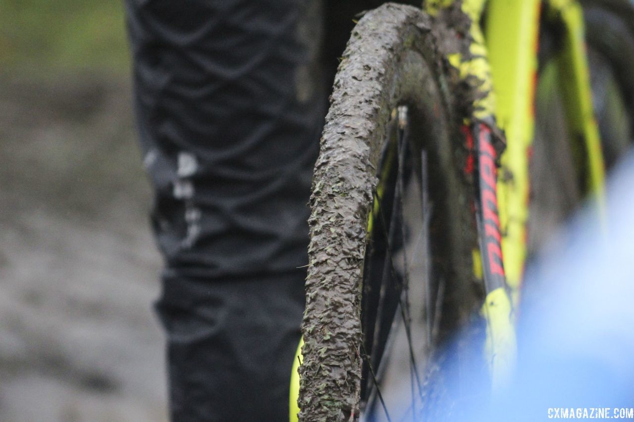 Amanda Nauman's tires got pretty muddy at Friday's course inspection. 2018 Silver Goose CX Course Inspection, Friday. © Z. Schuster / Cyclocross Magazine