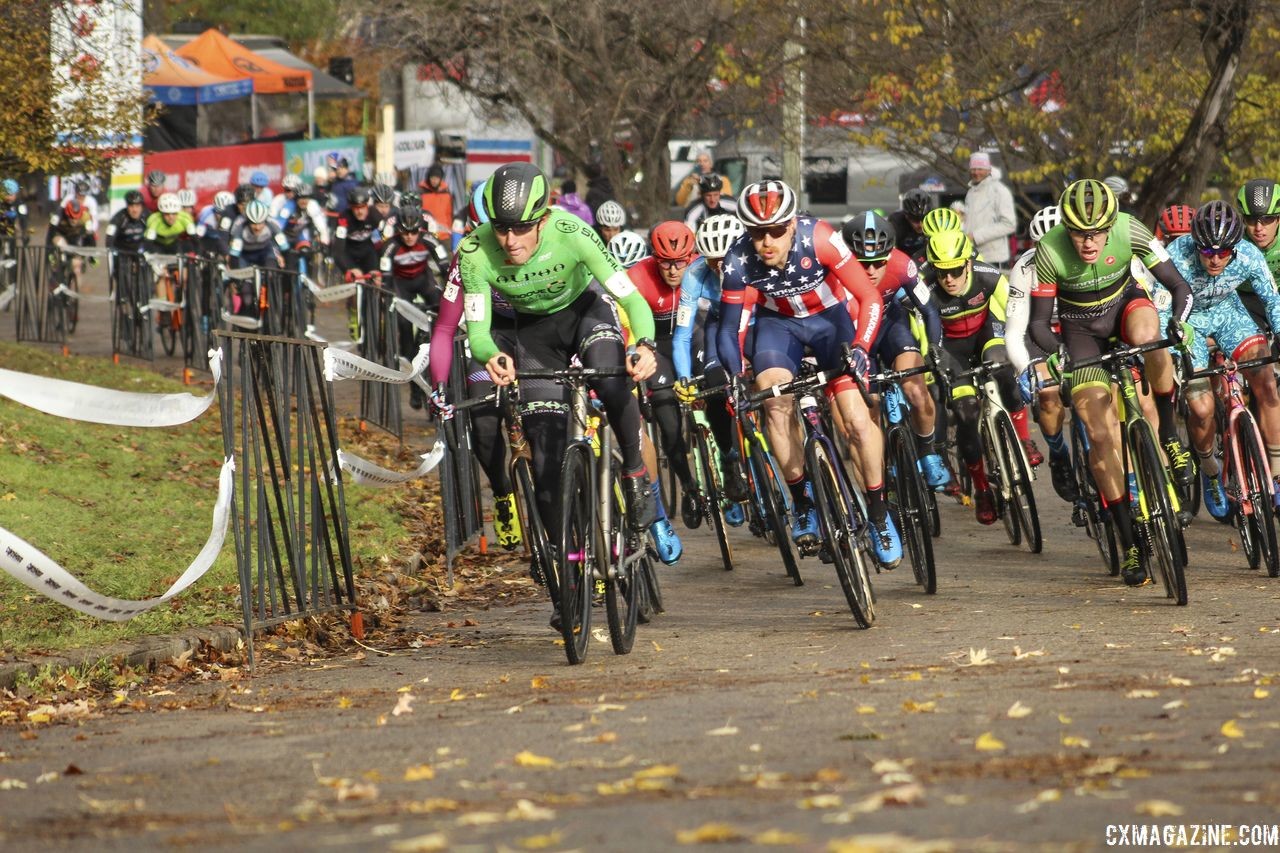 Gage Hecht leads out the holeshot. 2018 Silver Goose Cyclocross UCI C2 © Z. Schuster / Cyclocross Magazine