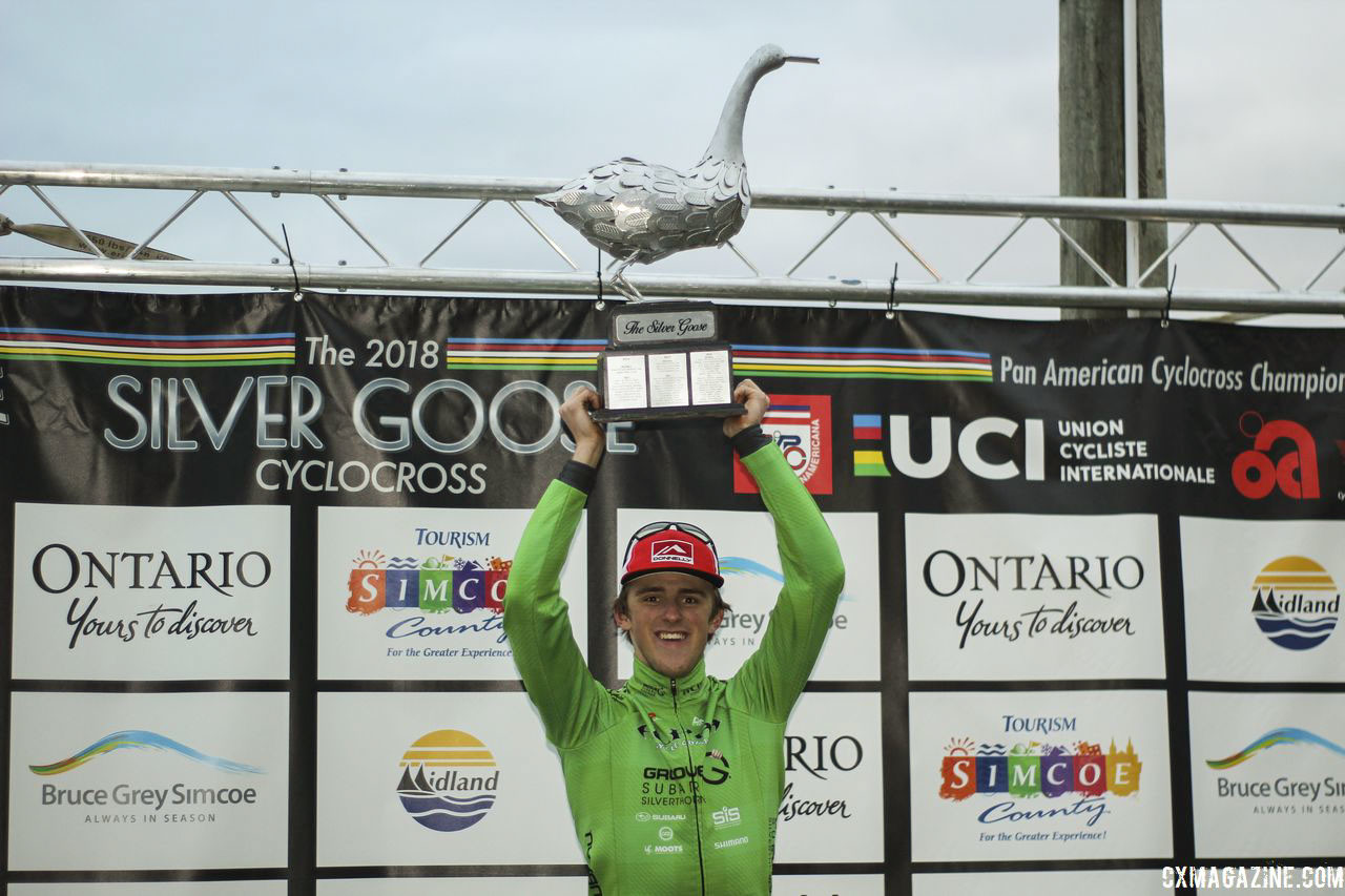 Gage Hecht got to hoist the Silver Goose trophy. 2018 Silver Goose Cyclocross UCI C2 © Z. Schuster / Cyclocross Magazine