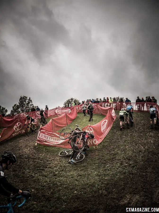 Eric Brunner struggles to find traction on one of the off-camber corners. 2018 Cincinnati Cyclocross Day 1. © Greg Davis