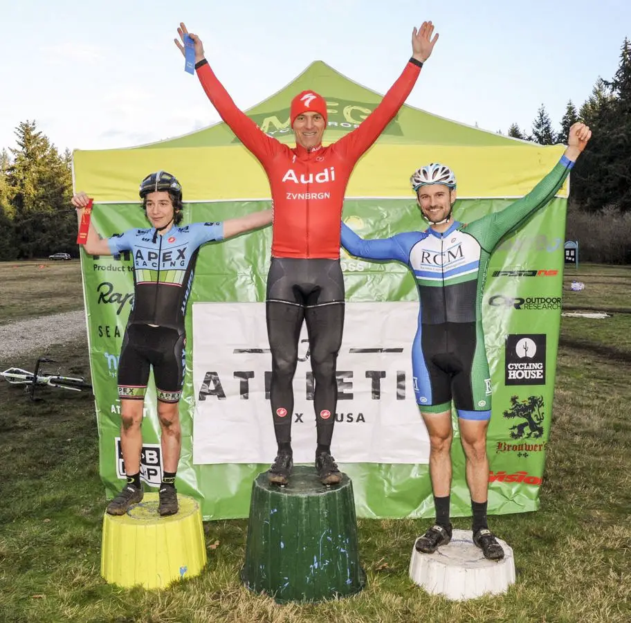 Men's podium: Ian Tubbs, Adrian Magun and Brian Mccleerey. 2018 MFG Cyclocross No. 5. © Gary Crofoot