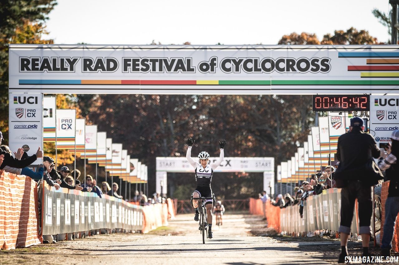 Crystal Anthony celebrates her win. 2018 Really Rad Festival of Cyclocross Day 2. © Angelica Dixon