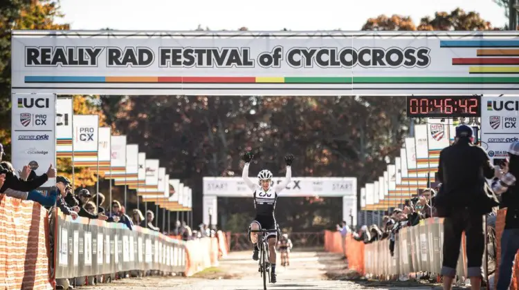 Crystal Anthony celebrates her win. 2018 Really Rad Festival of Cyclocross Day 2. © Angelica Dixon