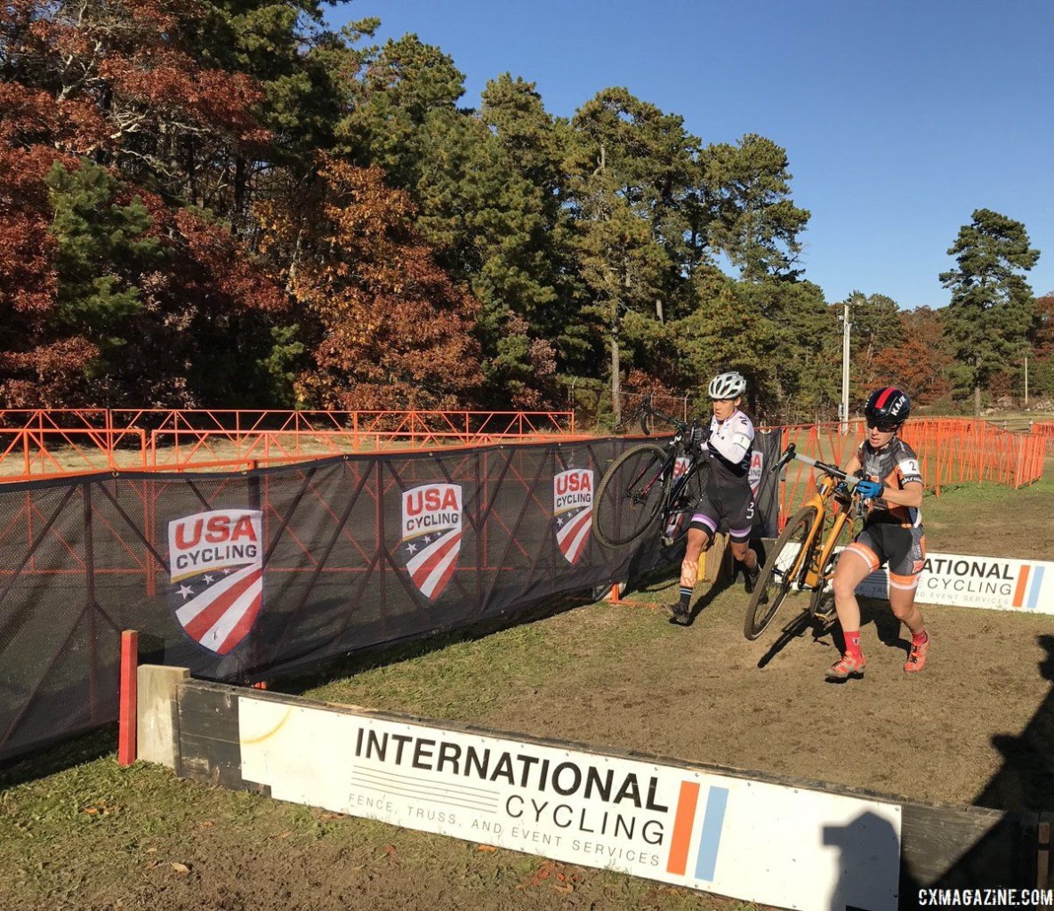 Arley Kemmerer and Crystal Anthony hit the barriers together. 2018 Really Rad Festival of Cyclocross Day 2. © Angelica Dixon