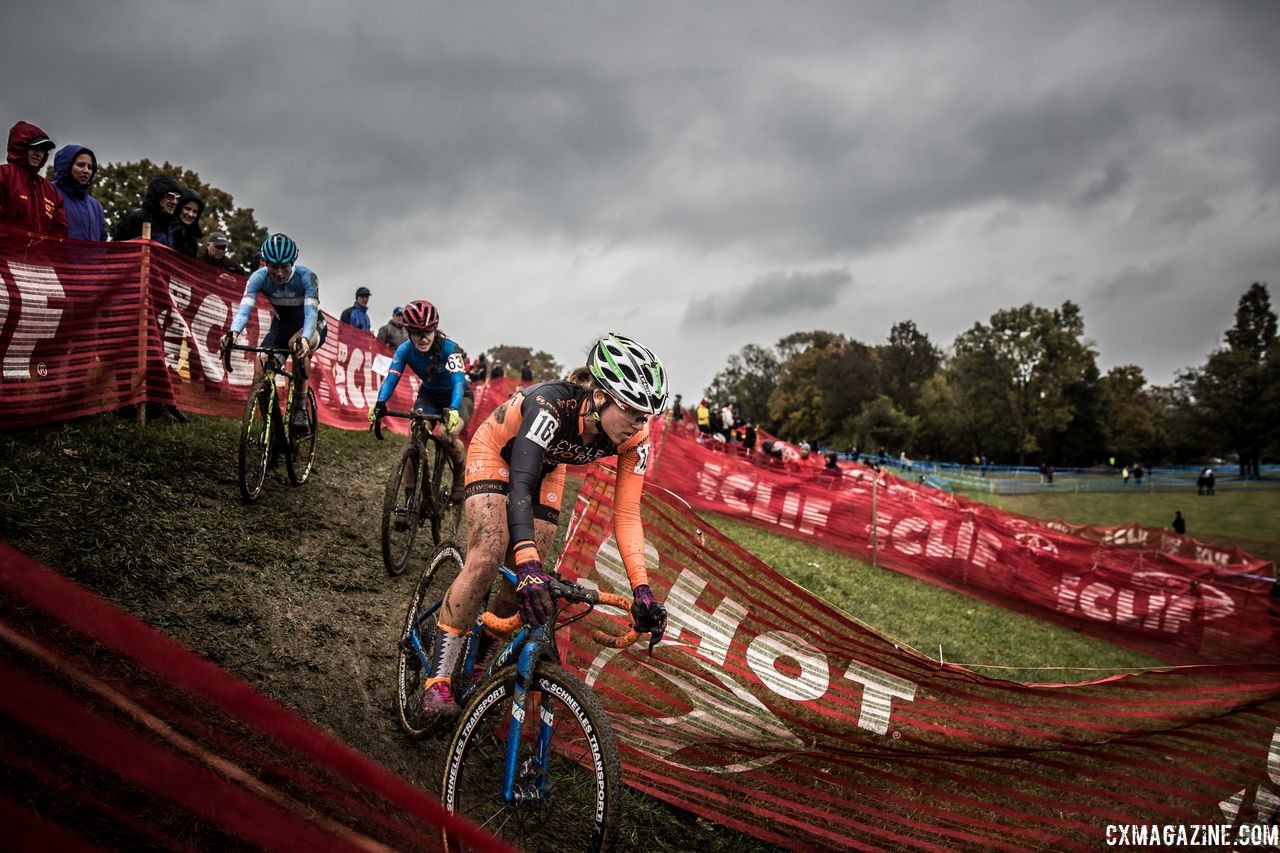 Jen Malik descends down the camel. 2018 Cincinnati Cyclocross Day 1. © Greg Davis