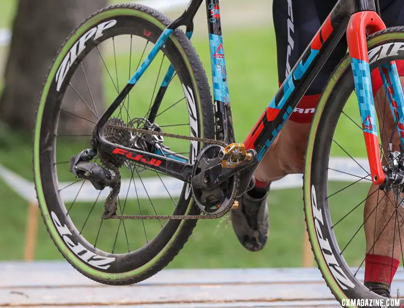 Jeremy Powers' prototype SRAM Red eTap 12-speed 1x drivetrain as seen in September at Rochester. You can see the Quarq power meter and 4-arm spider. © Bruce Buckley