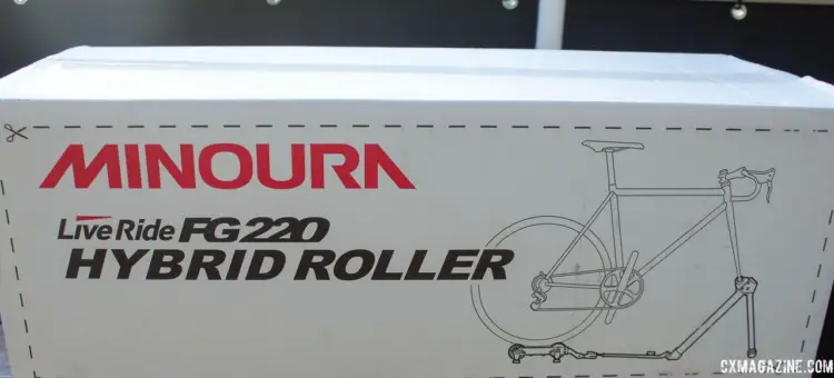 The trainer comes in an unassuming white box. Its not clear why there is a cut here outline. Minoura Live Ride FG 220 Hybrid Roller portable trainer. © B. Grant / Cyclocross Magazine