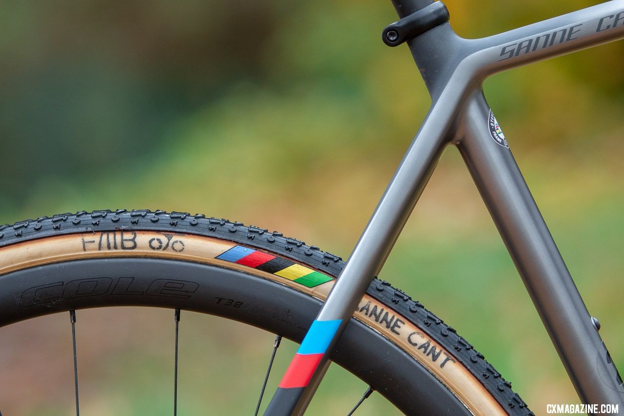 Rainbow stripes adorn both frame and tires for the two-time Champion. Sanne Cant's Stevens Super Prestige cyclocross bike. © A. Yee / Cyclocross Magazine