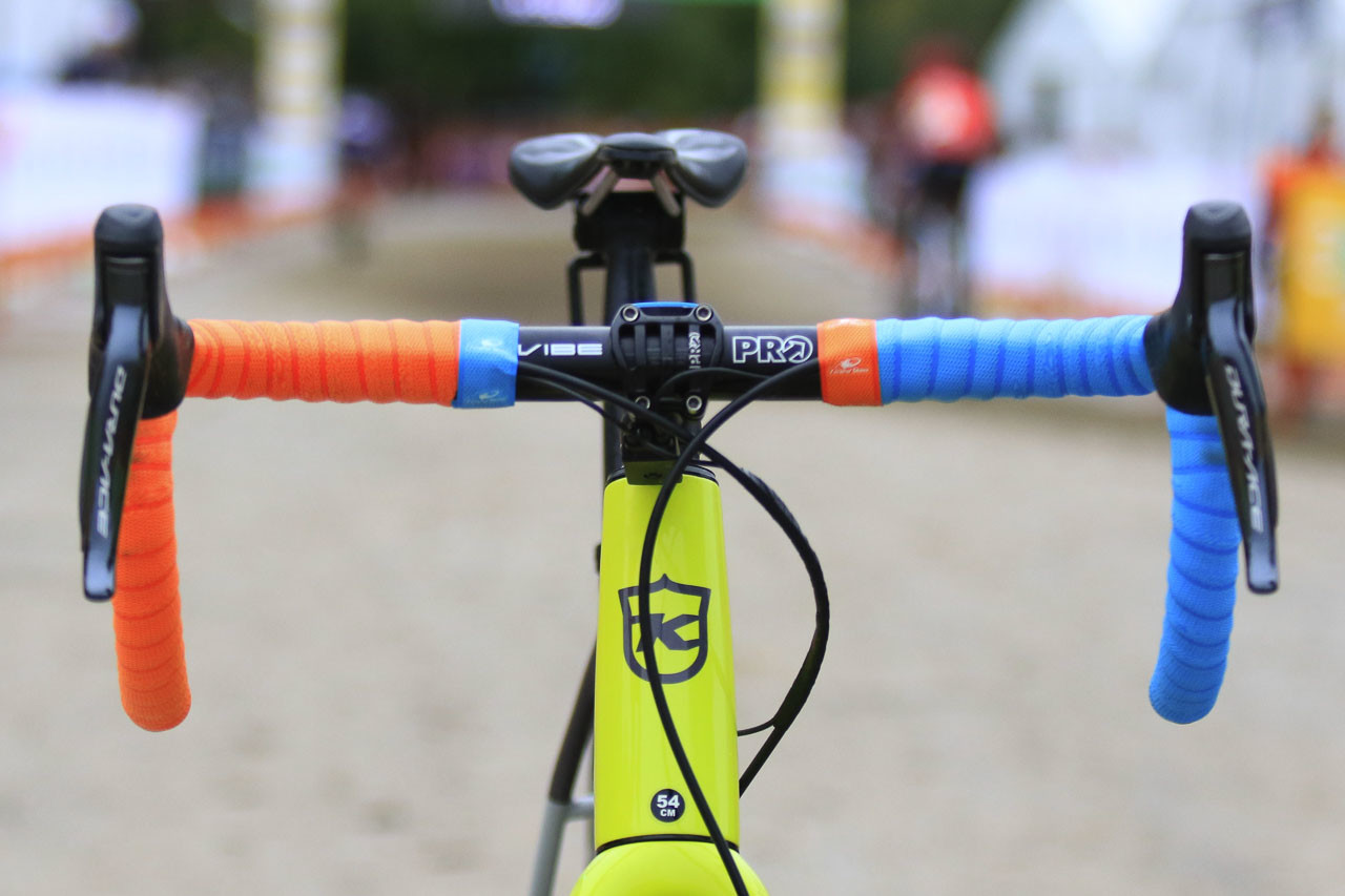 While one of Werner's bikes has this interesting combination of bar tapes, the other is wrapped with blue tape on both sides. Kerry Werner's Kona Super Jake Cyclocross Bike, 2018 U.S. World Cups. © D. Mable / Cyclocross Magazine