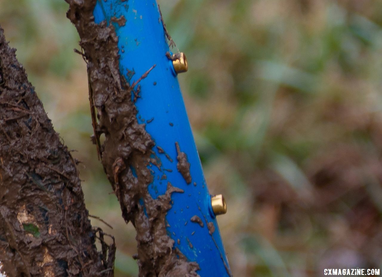 Gold alloy bolts added some bling to Compton's bike. Katie Compton's 2018 Cyclocross National Championship-winning Trek Boone. Louisville, KY. © A. Yee / Cyclocross Magazine