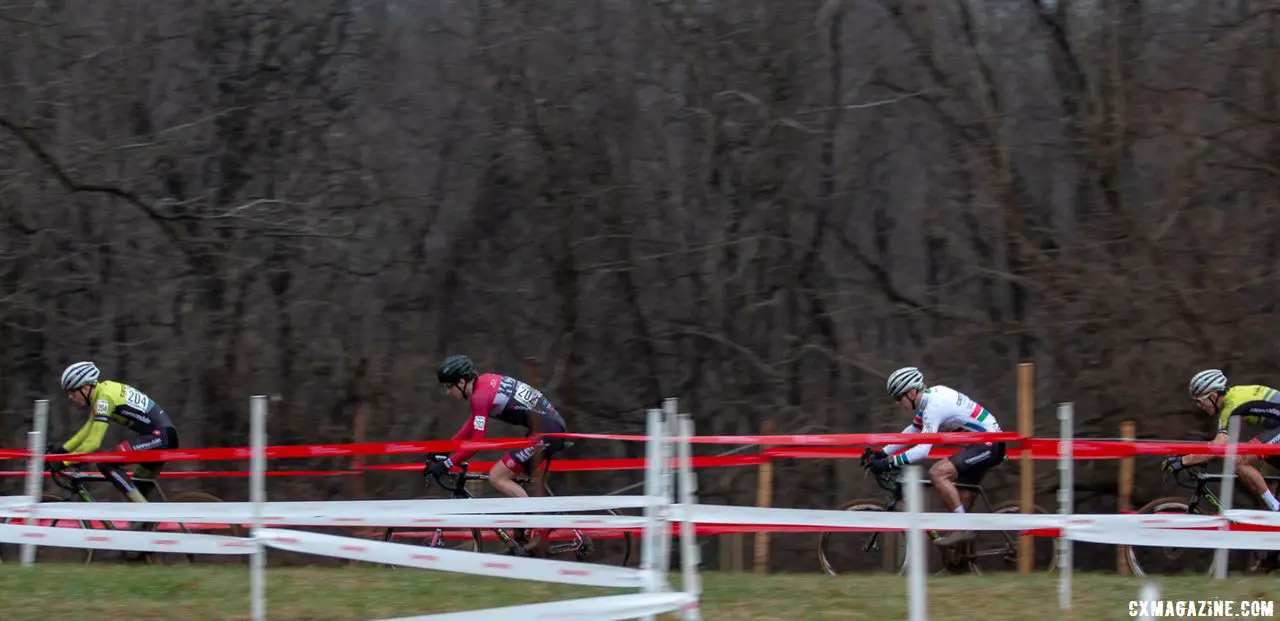 Nick Carter was sandwiched between a Cannondale CyclocrossWorld trio on the first lap. Junior Men 17-18. 2018 Cyclocross National Championships, Louisville, KY. © A. Yee / Cyclocross Magazine