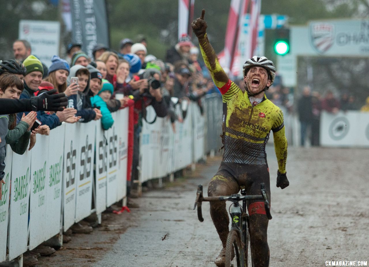 After his 2018 V1 Nationals dreams and shoulder were dislocated, Morton got everything in place for V2 in Louisville. Junior Men 17-18. 2018 Cyclocross National Championships, Louisville, KY. © A. Yee / Cyclocross Magazine