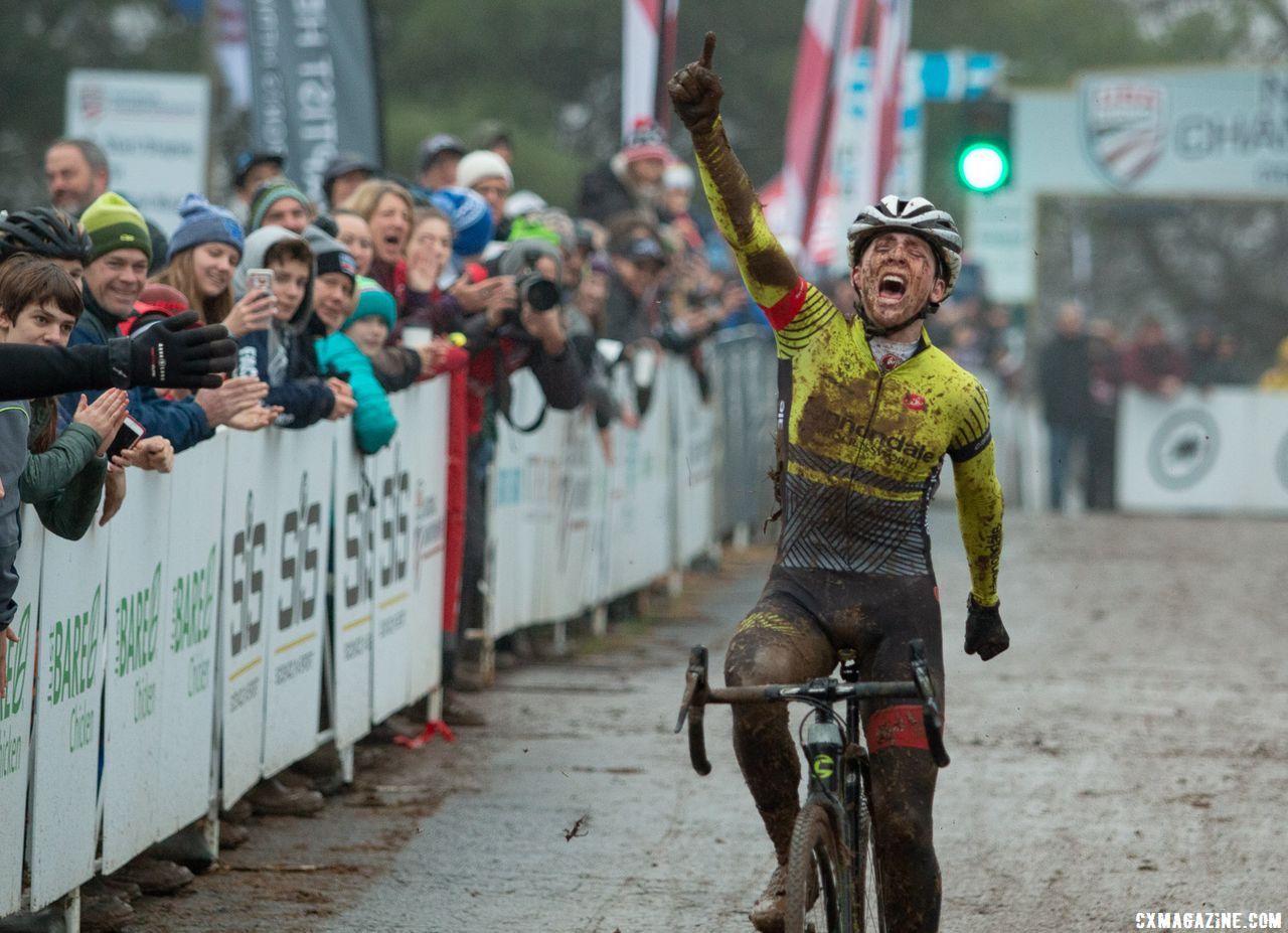 After his 2018 V1 Nationals dreams and shoulder were dislocated, Morton got everything in place for V2 in Louisville. Junior Men 17-18. 2018 Cyclocross National Championships, Louisville, KY. © A. Yee / Cyclocross Magazine