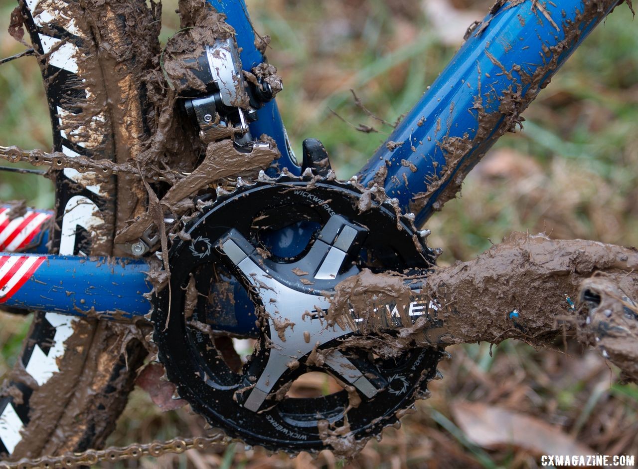 Wick Werx 42/34t chain rings gave Compton smaler jumps between gears than a 2x system, according to Legg. Katie Compton's 2018 Cyclocross National Championship-winning Trek Boone. Louisville, KY. © A. Yee / Cyclocross Magazine