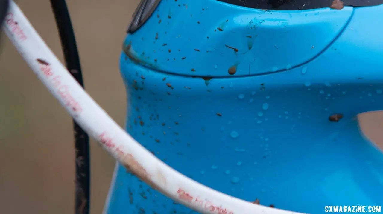 Legg gets custom-printed heat shrink tubuing from Canada. Katie Compton's 2018 Cyclocross National Championship-winning Trek Boone. Louisville, KY. © A. Yee / Cyclocross Magazine