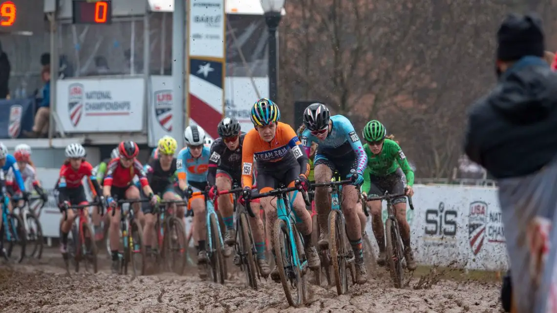 Clara Honsinger took the holeshot on Sunday. U23 Women. 2018 Cyclocross National Championships, Louisville, KY. © A. Yee / Cyclocross Magazine