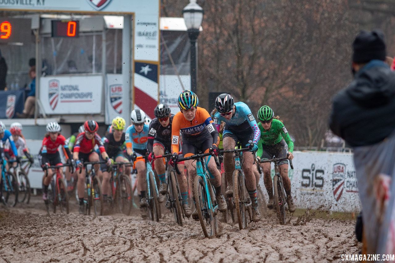 Clara Honsinger took the holeshot on Sunday. U23 Women. 2018 Cyclocross National Championships, Louisville, KY. © A. Yee / Cyclocross Magazine