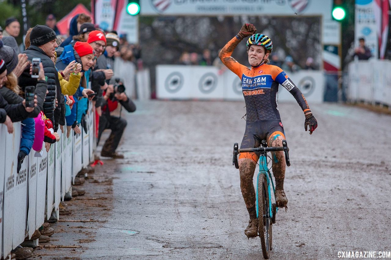 Clara Honsinger celebrates her U23 title. U23 Women. 2018 Cyclocross National Championships, Louisville, KY. © A. Yee / Cyclocross Magazine