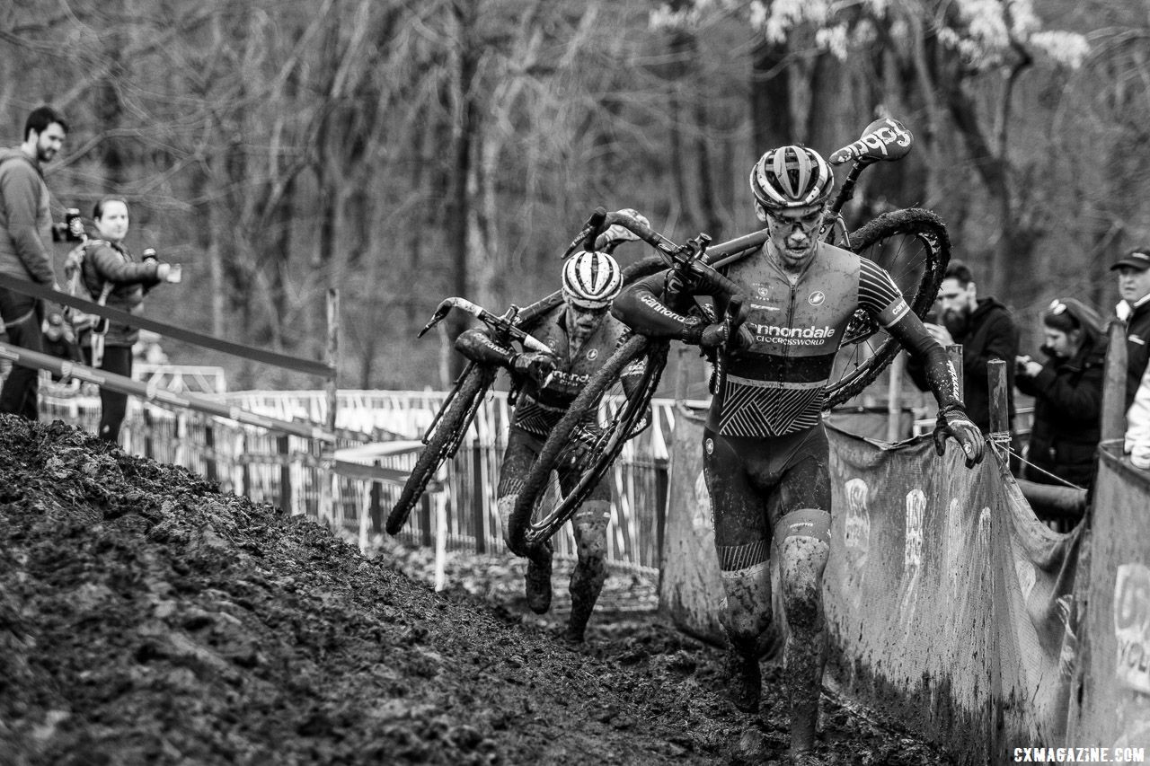 Curtis White and Stephen Hyde hit the front and left everyone stuck in the mud. Elite Men. 2018 Cyclocross National Championships, Louisville, KY. © A. Yee / Cyclocross Magazine