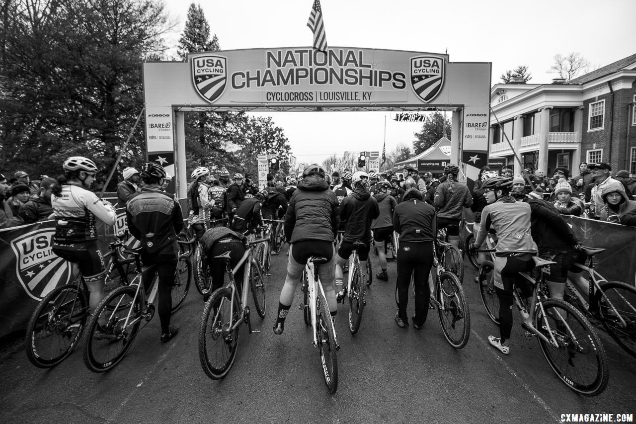 The Elite women sit at staging waiting for the green light. Elite Women. 2018 Cyclocross National Championships, Louisville, KY. © A. Yee / Cyclocross Magazine