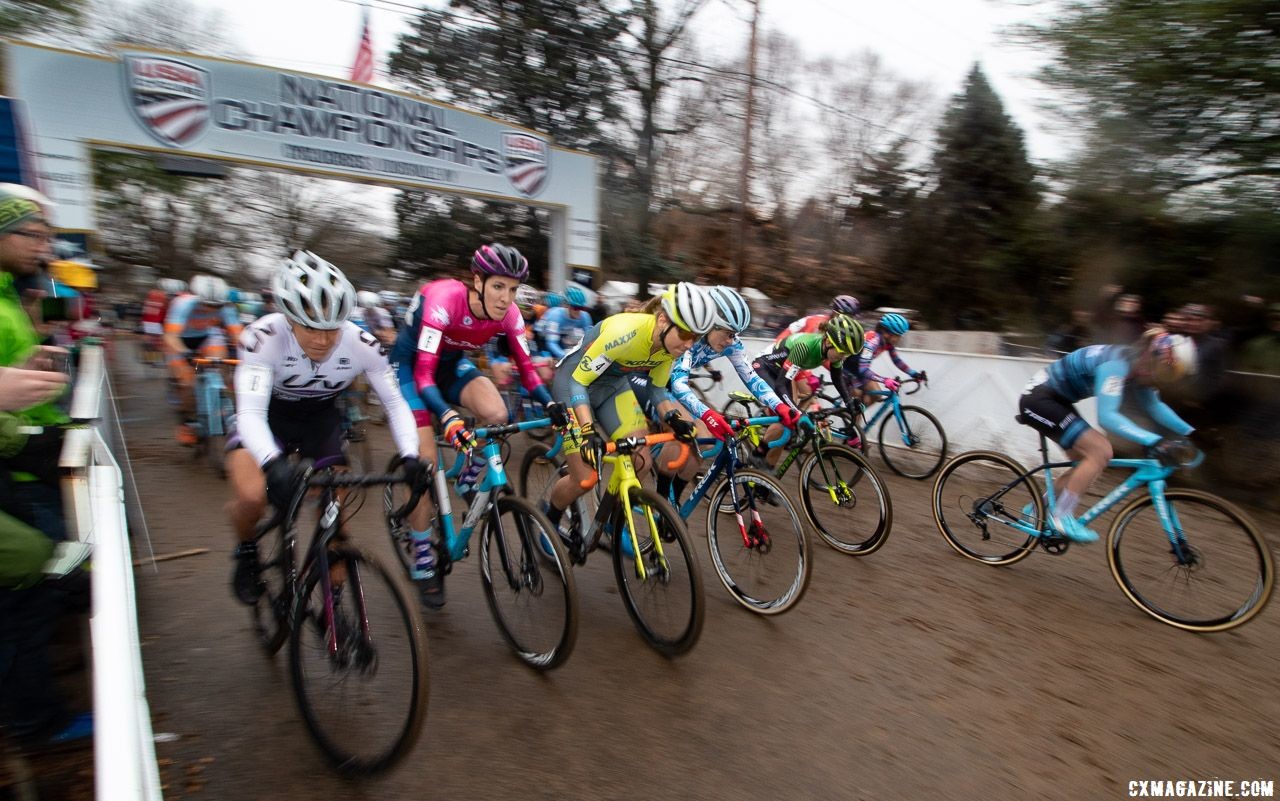 As she has done all season, Ellen Noble leads out the holeshot. Elite Women. 2018 Cyclocross National Championships, Louisville, KY. © A. Yee / Cyclocross Magazine