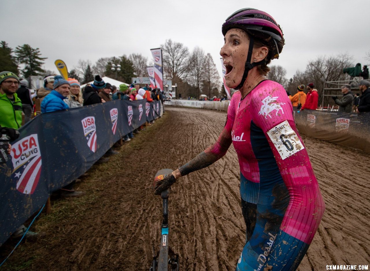 Even Sunny GIlbert was a little surprised by her big ride. Elite Women. 2018 Cyclocross National Championships, Louisville, KY. © A. Yee / Cyclocross Magazine