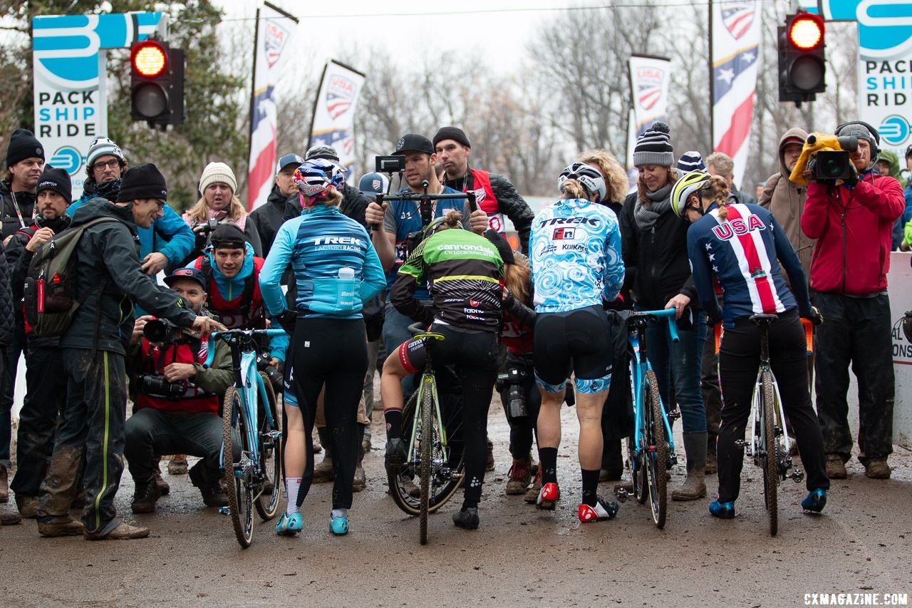 The front row lines up at the start. Elite Women. 2018 Cyclocross National Championships, Louisville, KY. © A. Yee / Cyclocross Magazine