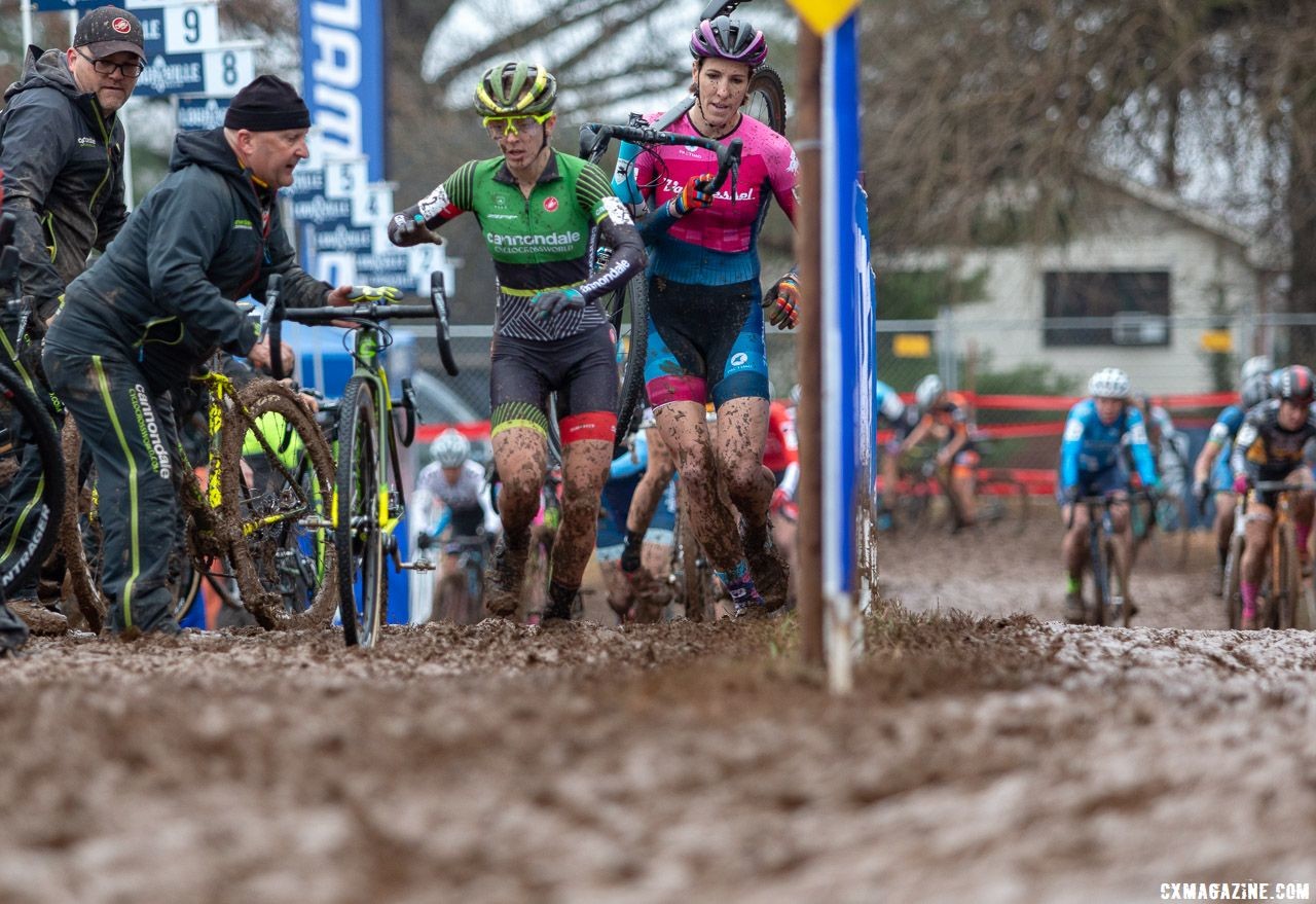 Keough and Gilbert were among the many riders who took a pit bike first lap. Elite Women. 2018 Cyclocross National Championships, Louisville, KY. © A. Yee / Cyclocross Magazine